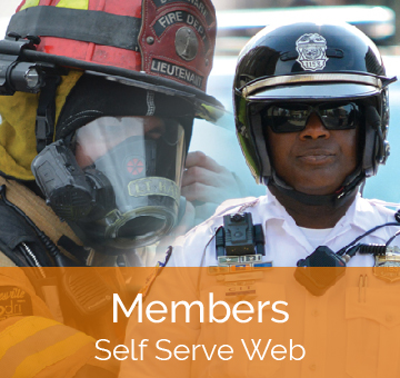 firefighter on the left and a police officer on the right side and an orange box with white text on the bottom