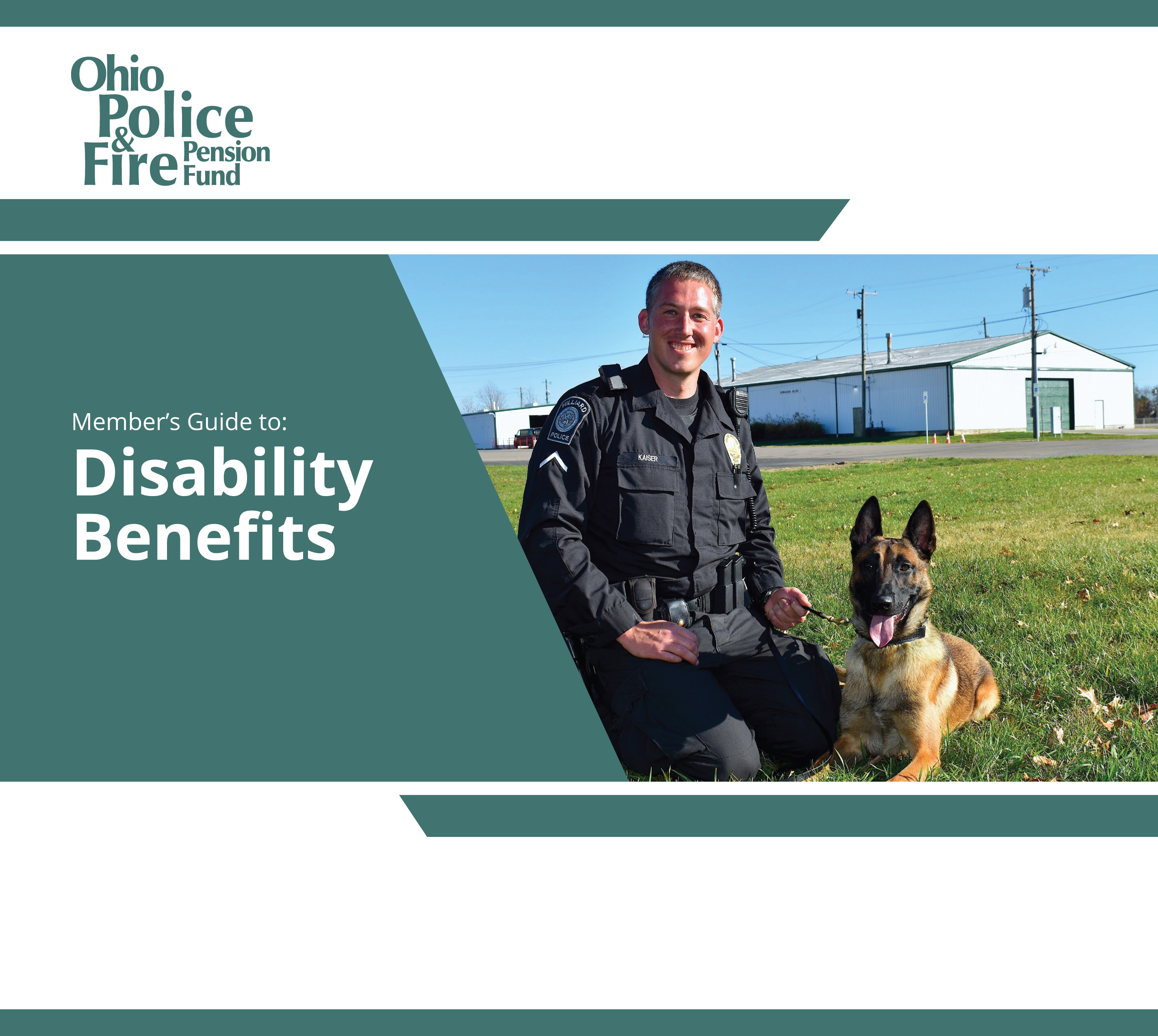Disability Benefits guidebook cover in teal with a police officer and k9