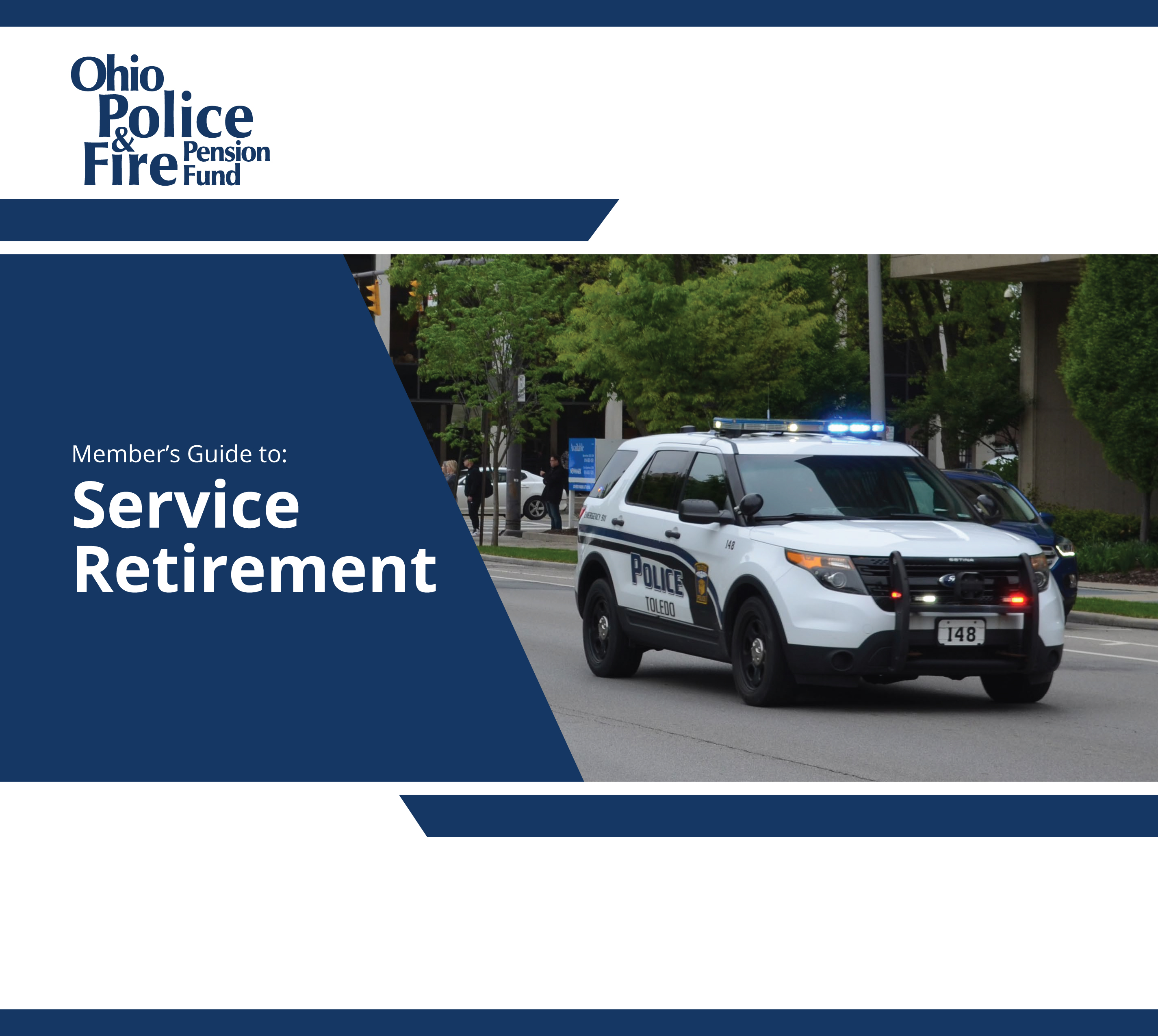 Service Retirement guidebook cover in navy blue with a white police car
