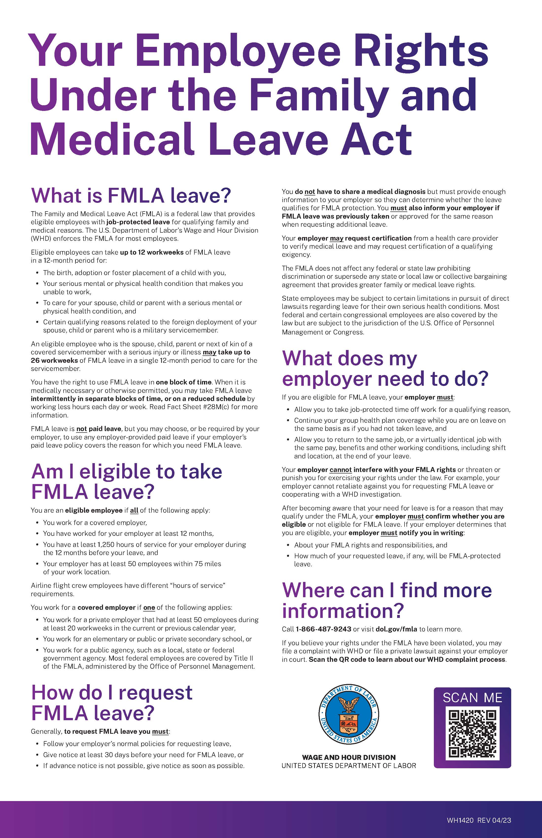 Federal FMLA poster with purple and black text