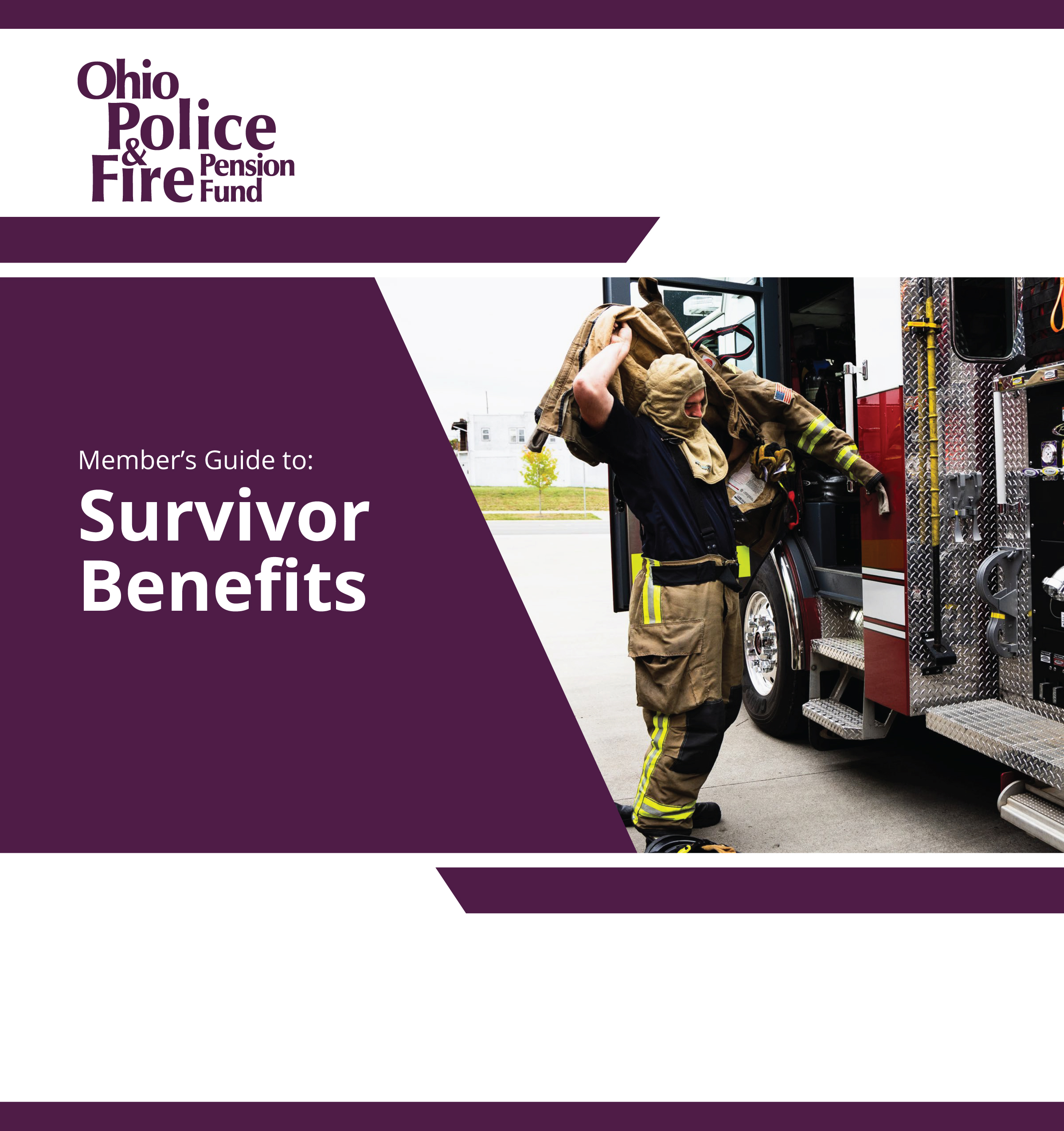 Survivor Benefits guidebook cover in purple with a fire fighter standing next to a fire truck