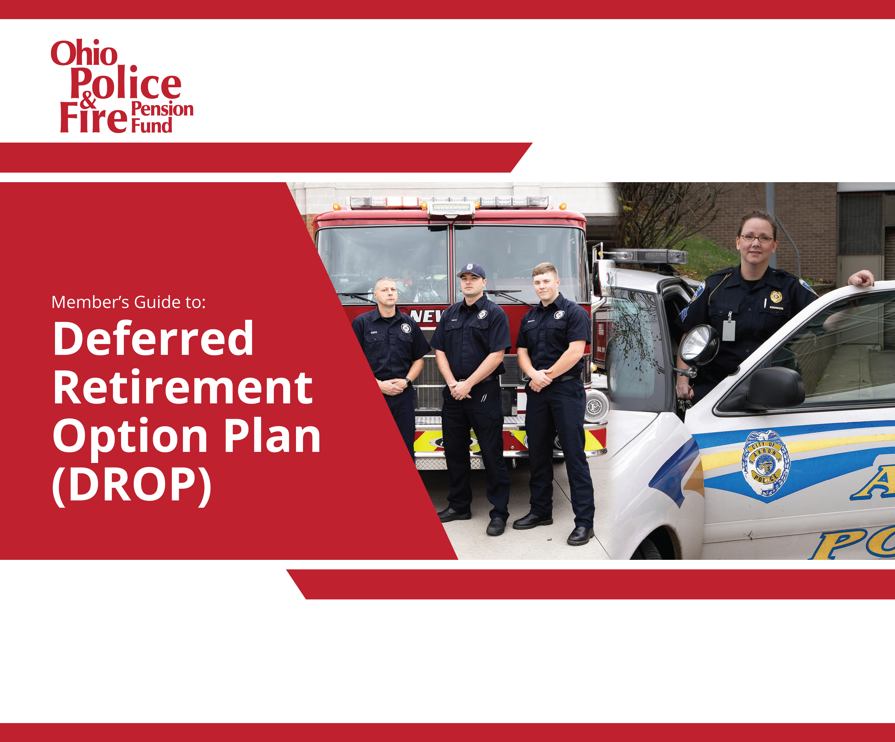 DROP guidebook cover in bright red with fire fighters and police officer 
