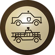 line drawing of a police car and a fire truck on a gold plaque